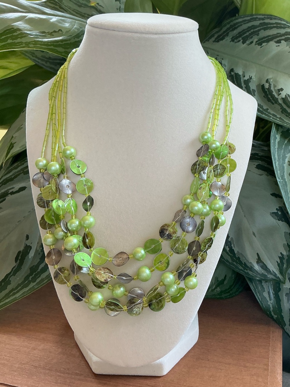 Multi-Strand Green Bead and Disc Necklace - Women Jewelry